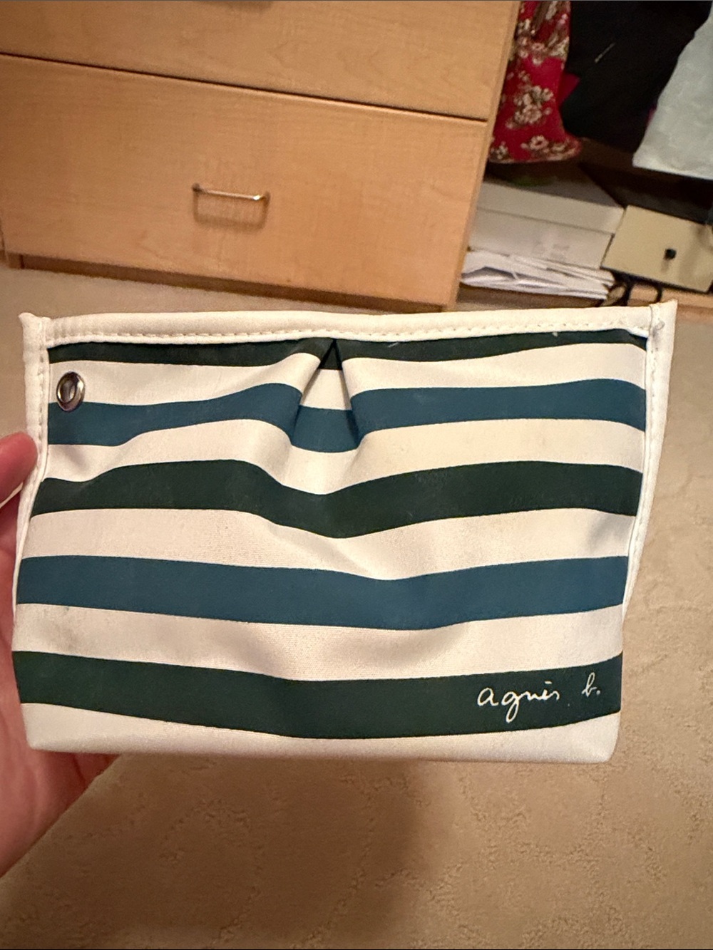 Agnes B. White Canvas Cosmetic Pouch with Blue and Green Stripes